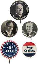 FOUR BUTTONS WITH "KEEP COOLIDGE" TEXT PLUS PORTAIT BUTTON BY BASTIAN BROS.