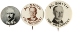 AL SMITH THREE 1928 PORTRAIT BUTTONS.