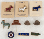 NINE SMITH ENAMEL AND BRASS BADGES AND ONE CELLO. HAT STICK PIN.