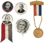 FOUR TRUMAN INAUGURAL BUTTONS AND A "SOUVENIR" BADGE.