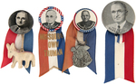 FOUR TRUMAN BUTTONS AND ATTACHED RIBBONS.