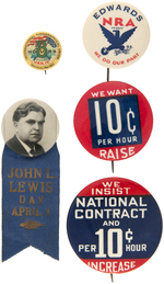 JOHN L. LEWIS REAL PHOTO BUTTON AND FOUR RELATED TO LABOR AND UNION ISSUES.