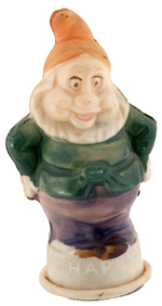 SNOW WHITE AND THE SEVEN DWARFS - "HAPPY" FIGURAL CELLULOID PENCIL SHARPENER.