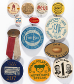 COLLEGE AND HIGH SCHOOL 13 FOOTBALL BUTTONS FROM 1906 TO THE 1950s.