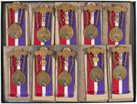 LADIES SOCIETY BROTHERHOOD OF LOCOMOTIVE FIRE MEN & ENGINE MEN TEN RIBBON BADGES & THREE MEDALLIONS.