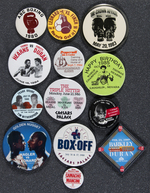 THIRTEEN BOXING BUTTONS FROM 1980s MATCHES.