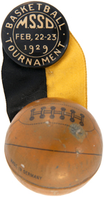 EIGHT BUTTONS WITH ATTACHED LARGE TIN FIGURAL BASKETBALLS.