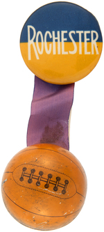 EIGHT BUTTONS WITH ATTACHED LARGE TIN FIGURAL BASKETBALLS.