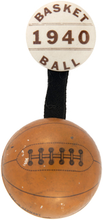 EIGHT BUTTONS WITH ATTACHED LARGE TIN FIGURAL BASKETBALLS.