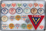 MUCHINSKY COLLECTION YMCA KNOT HOLE BUTTONS 15 PLATE EXAMPLES PLUS TEN UNLISTED AND A PATCH.