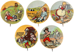 FIVE BEAUTIFUL COLOR NURSERY RHYME PICTORIAL BUTTONS WITH TITLES.