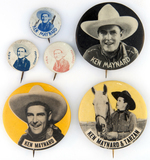 KEN MAYNARD FOUR BUTTONS FROM THE 1930s AND TWO FROM THE EARLY 1950s.