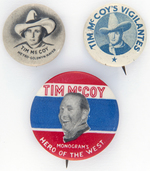 TIM McCOY THREE BUTTONS INCLUDING SCARCE MONOGRAM STUDIO ISSUE.