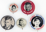 WILL ROGERS GROUP INCLUDING TWO 1928 CAMPAIGN BUTTONS AND TWO 1935 MEMORIAL BUTTONS.