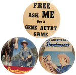 GENE AUTRY THREE RARE DRIVER OR STORE CLERK LIMITED ISSUE BUTTONS.