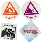 ROLLING STONES TWO BACKSTAGE PASS BUTTONS AND TWO PROMOTION BUTTONS.