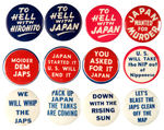 TWELVE ANTI-JAPAN WORLD WAR II HOMEFRONT PATRIOTIC SLOGAN BUTTONS.