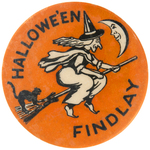 HALLOWEEN RARE BUTTON FEATURING WITCH, BROOM, BLACK CAT AND CRESCENT MOON.