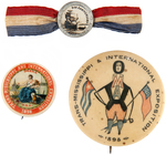 MAYFLOWER 300th ANNIVERSARY BADGE (1909) AND PAIR OF 1898 SCARCE EXPOSITION BUTTONS.