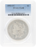 $1 MORGAN SILVER DOLLAR 1892-CC PCGS VG08.