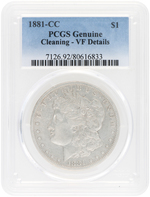 $1 MORGAN SILVER DOLLAR 1881-CC PCGS GENUINE CLEANING-VF DETAILS.