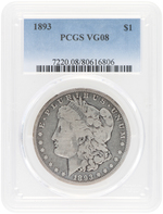 $1 MORGAN SILVER DOLLAR 1893 PCGS VG08.