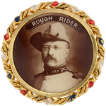 BOLD ROOSEVELT "ROUGH RIDER" REAL PHOTO SEPIA TONED BUTTON IN ORNATE FRAME.