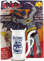 "BATMAN SIP-A-CUP WITH LOLLIPOPS" CARDED CUP.