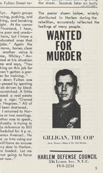 HARLEM RIOTS "WANTED FOR MURDER GILLIGAN, THE COP" POSTER.