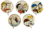 FIVE VERY SCARCE BUTTONS FROM THE COMIC TOGS SET.