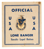 "RED RYDER VICTORY PATROL" BADGE & "LONE RANGER VICTORY CORPS" LAPEL BUTTON ON CARD.