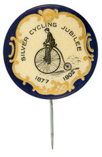 RARE 1902 BUTTON SHOWS HIGH WHEEL RIDER CELEBRATING “SILVER CYCLING JUBILEE.