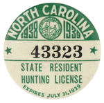 “NORTH CAROLINA 1938/1939 STATE RESIDENT HUNTING LICENSE.”