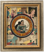 SUPERMAN "SUPERMEN OF AMERICA - ACTION COMICS" RARE LARGE PREMIUM EMBLEM/PATCH IN FRAMED DISPLAY.