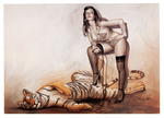 BETTIE PAGE & HAJIME SORAYANA SIGNED "BETTIE WITH TIGER" PIN-UP PRINT.