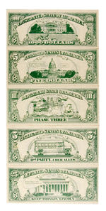 1972 HOPEFULS FIVE OVER-SIZED SATIRICAL U.S. CURRENCY PAPER MONEY BILLS.