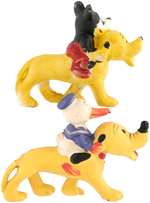 MICKEY MOUSE & DONALD DUCK RIDING PLUTO BISQUE/PLASTER-FILLED CELLULOID PAIR.