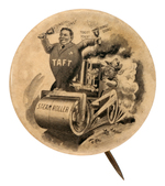 TAFT STEAMROLLER DRIVEN BY ROOSEVELT OUTSTANDING CARTOON BUTTON.