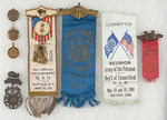 GRAND ARMY OF THE REPUBLIC FOUR RIBBONS AND FOUR SMALL BRASS SOUVENIRS.