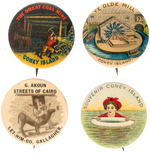 CONEY ISLAND THREE BUTTONS C. 1900 AND ONE C. 1930.