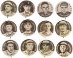 SWEET CAPORAL CIGARETTES BASEBALL BUTTONS GROUP OF TWELVE FOR SIX DIFFERENT TEAMS.