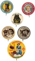 SIX GRAPHIC AD BUTTONS INC.: INDIAN REMEDIES, LANE'S LIVER PILLS, GOLD DUST POWDER, BUSTER BROWN.