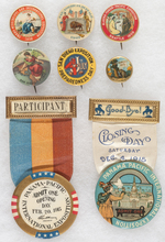 SIX GREAT DESIGN EXPO BUTTONS PLUS 1915 OPENING/CLOSING DAY TICKET BADGES.