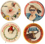 FOUR BEAUTIFUL CARNIVAL BUTTONS C. 1898-1899.