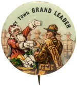 SANTA GIVES GIFTS TO WORLD WAR I TROOPS WITH RARE SPONSOR IMPRINT BUTTON.