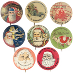 SANTA EIGHT BUTTONS INCLUDING RARITIES WITH CONDITION ISSUES BUT DISPLAYING WELL.