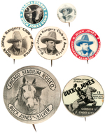 BUCK JONES COLLECTION OF SEVEN BUTTONS FROM 1930s INCLUDING 1933 SERIAL FROM UNIVERSAL.