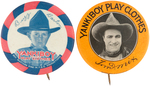 BUZZ BARTON AND TOM MIX LARGE BUTTON PAIR ENDORSING YANKIBOY PLAY CLOTHES.