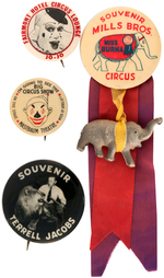 FOUR CIRCUS BUTTONS 1930s-1950s INCLUDING FAMOUS "MISS BURMA" ELEPHANT.