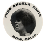 RARE CIVIL RIGHTS "FREE ANGELA DAVIS NOW, CALIF." BUTTON.